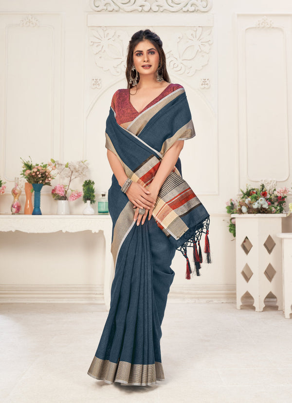 Women's Navy Blue Linen Wover Work Traditional Tassle Saree - Sangam Prints