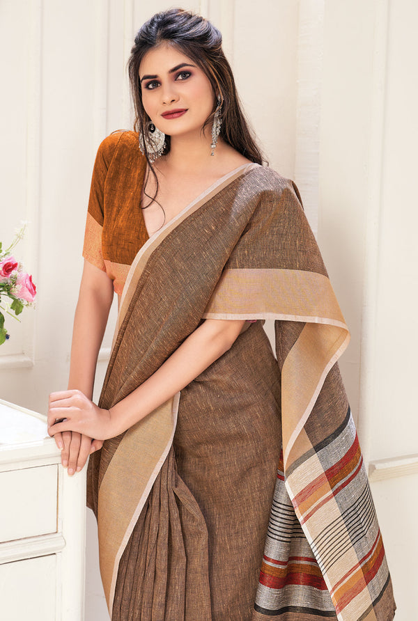 Women's Brown Linen Wover Work Traditional Tassle Saree - Sangam Prints