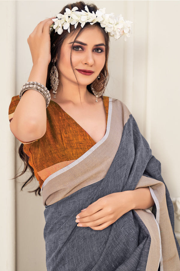 Women's Grey Linen Wover Work Traditional Tassle Saree - Sangam Prints