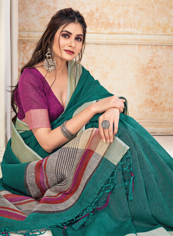 Women's Dark Green Linen Wover Work Traditional Tassle Saree - Sangam Prints