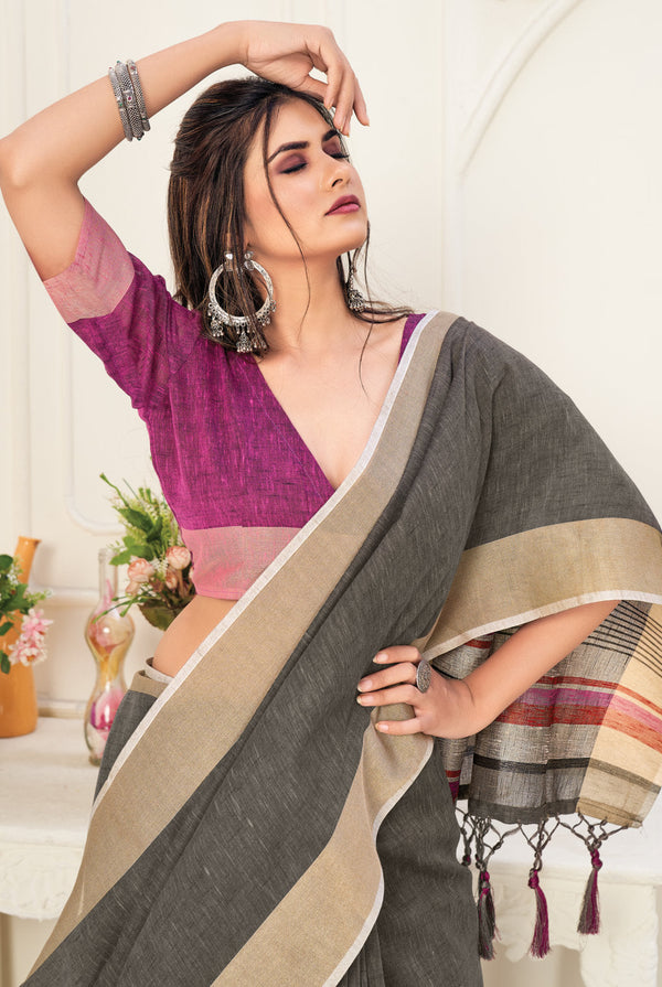 Women's Black Linen Wover Work Traditional Tassle Saree - Sangam Prints