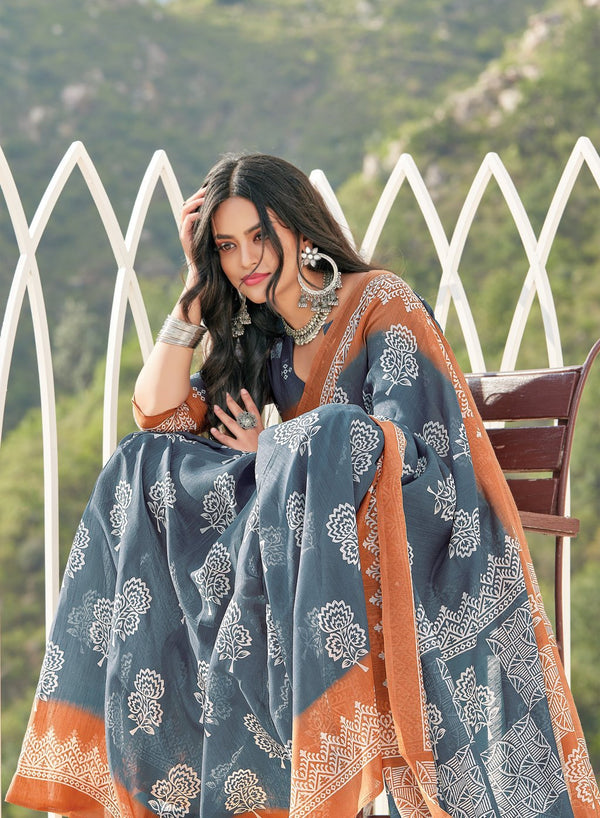 Women's Grey Cotton Printed Traditional Saree - Sangam Prints