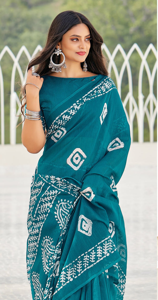 Women's Teal Blue Cotton Printed Traditional Saree - Sangam Prints