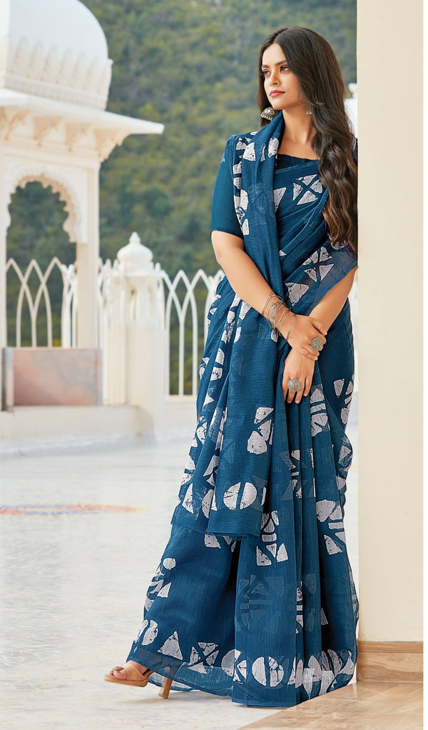 Women's Blue Cotton Printed Traditional Saree - Sangam Prints