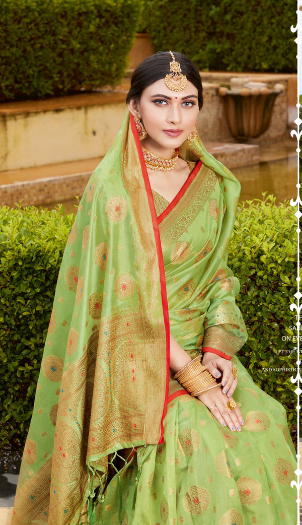 Women's Sangam Prints Light Green Organza Woven Work Traditional Tassle saree - Sangam Prints