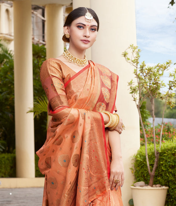 Women's Sangam Prints Peach Organza Woven Work Traditional Tassle saree - Sangam Prints