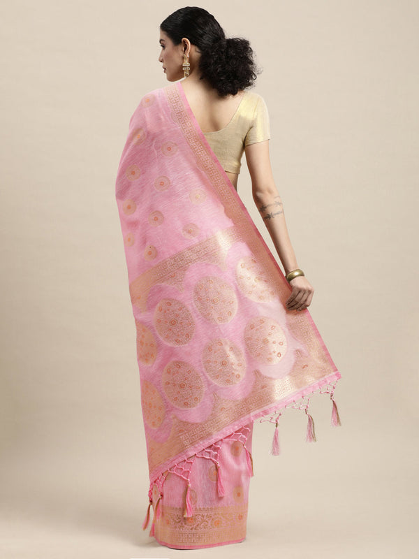 Women's Pink Linen Gold Zari Work Traditional Tassle Saree - Sangam Prints