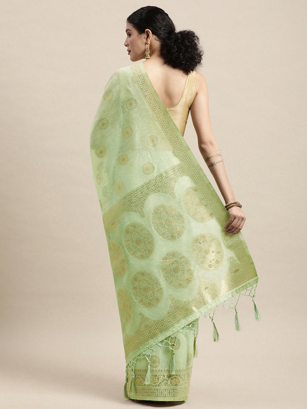 Women's Light Green Linen Gold Zari Work Traditional Tassle Saree - Sangam Prints