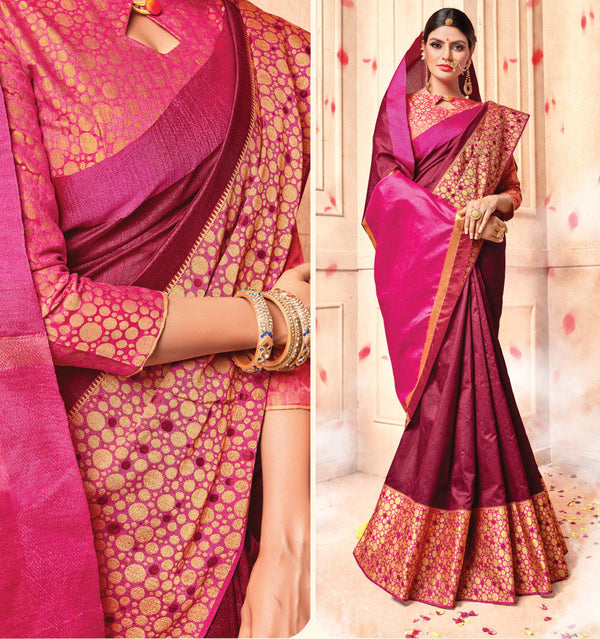 Women's Magenta Crystal Silk Woven Zari Work Traditional Saree - Sangam Prints