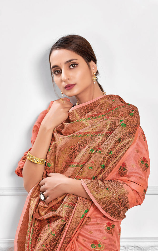 Women's Peach Cotton Woven Work Traditional Saree - Sangam Prints