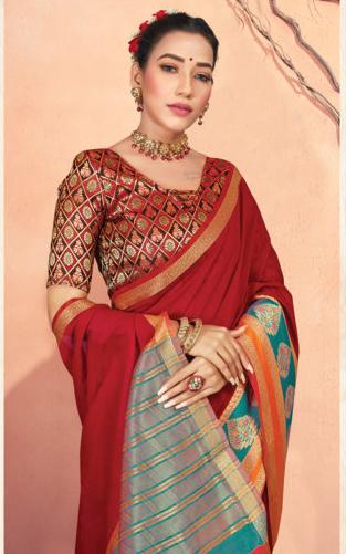 Women's Red Cotton Handloom Woven Work Traditional Saree - Sangam Prints