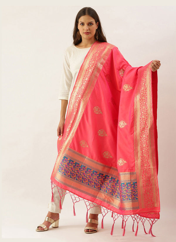 Women's Rani Pink Banarasi silk Weaving Work Traditional Tassel Dupatta - Sangam Prints