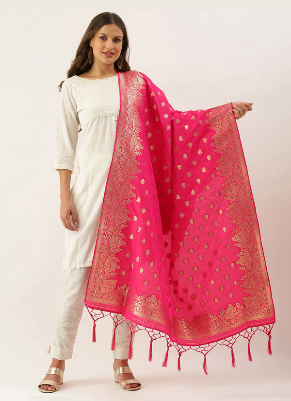 Women's Rani Pink Banarasi silk Weaving Work Traditional Tassel Dupatta - Sangam Prints