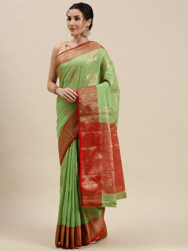 Women's Green Linen Woven Work Traditional Saree - Sangam Prints