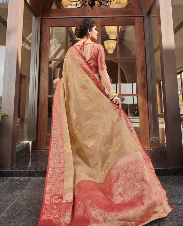 Women's Beige Linen Wover Work Traditional Saree - Sangam Prints