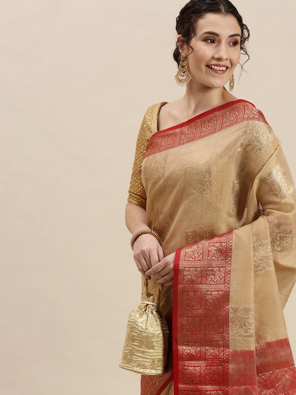 Women's Beige Linen Woven Work Traditional Saree - Sangam Prints