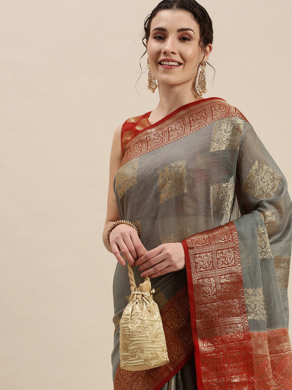 Women's Grey Linen Woven Work Traditional Saree - Sangam Prints