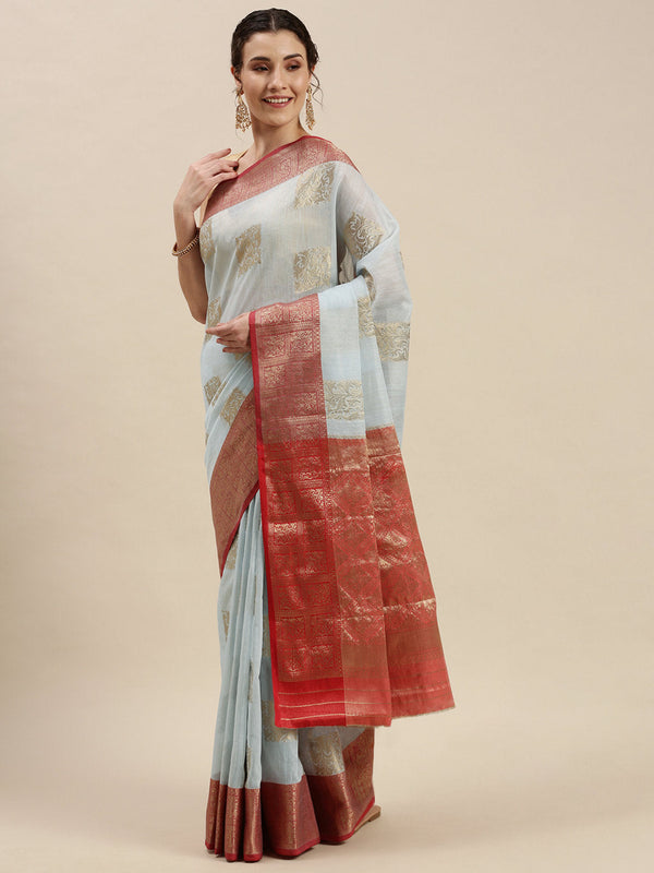 Women's Sky Blue Linen Woven Work Traditional Saree - Sangam Prints