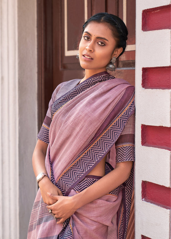 Women's Purple Linen Woven Work Traditional Tassle Saree - Sangam Prints