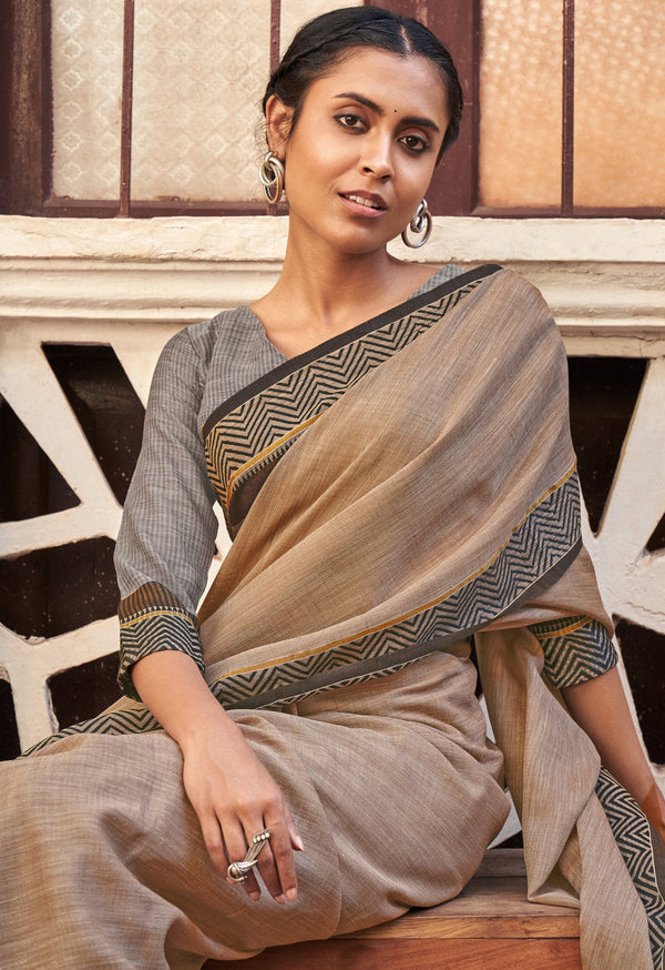 Women's Beige Linen Woven Work Traditional Tassle Saree - Sangam Prints