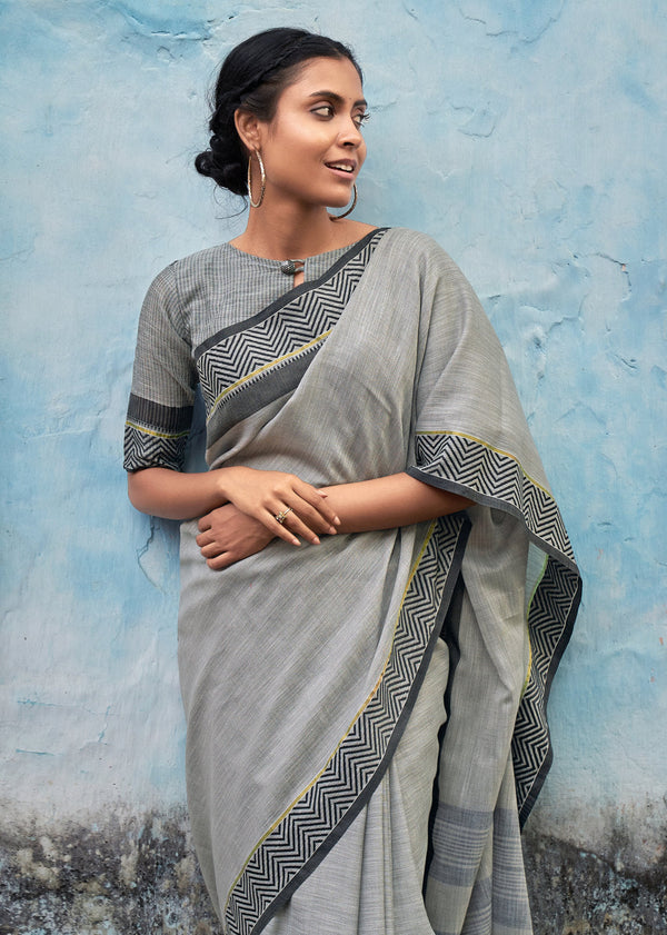 Women's Grey Linen Woven Work Traditional Tassle Saree - Sangam Prints