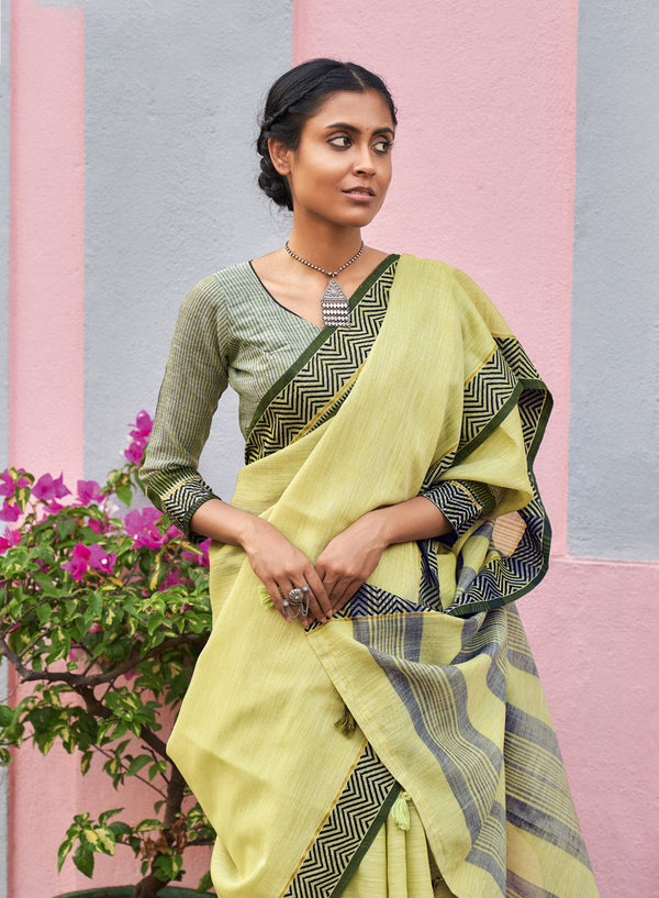 Women's Light Green Linen Woven Work Traditional Tassle Saree - Sangam Prints