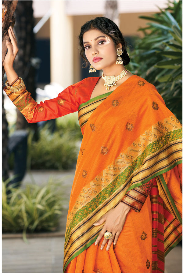 Women's Sangam Prints Orange Cotton Zari Work Traditional saree - Sangam Prints