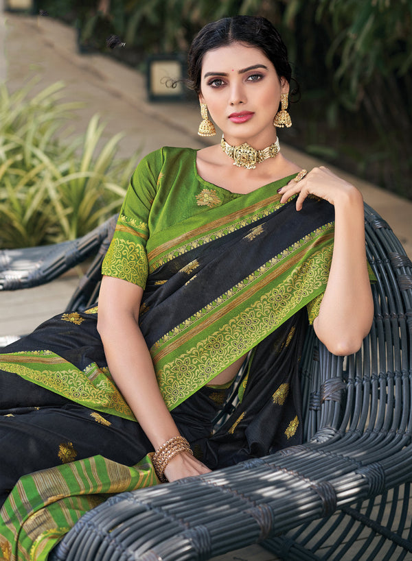 Women's Sangam Prints Black Cotton Zari Work Traditional saree - Sangam Prints