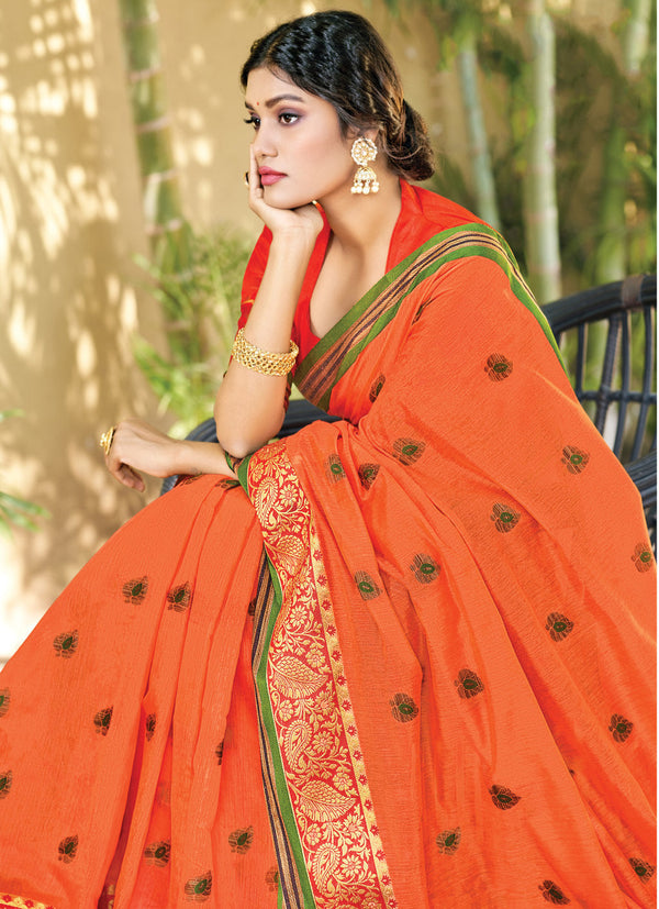 Women's Sangam Prints Orange Cotton Zari Work Traditional saree - Sangam Prints