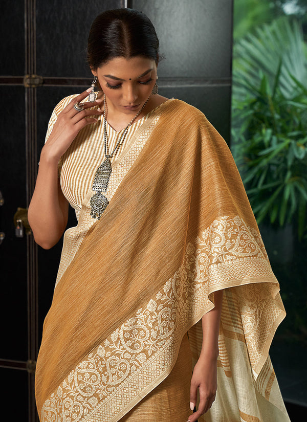 Women's Beige Linen Woven Work Traditional Tassle Saree - Sangam Prints