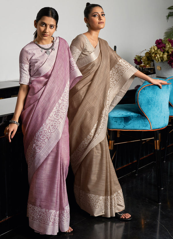 Women's Purple Linen Woven Work Traditional Tassle Saree - Sangam Prints