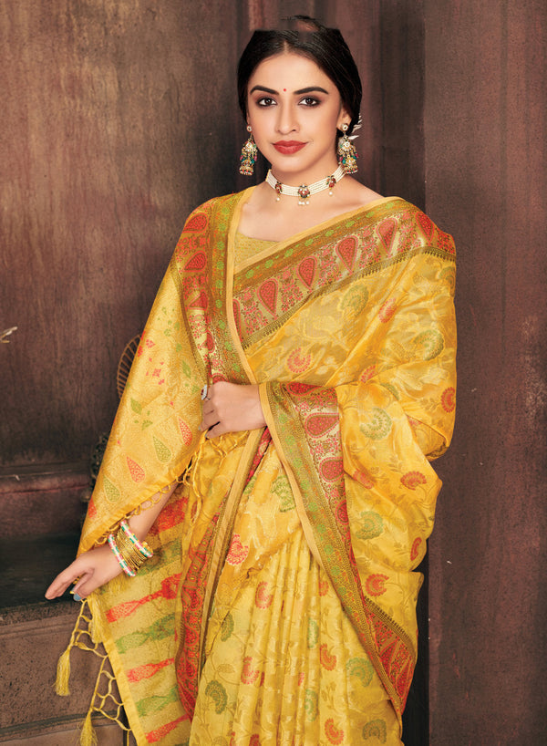 Women's Sangam Prints Yellow Organza Woven Work Traditional Tassle saree - Sangam Prints