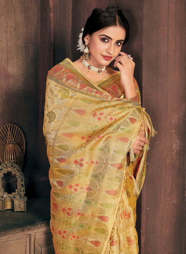 Women's Sangam Prints Cream Organza Woven Work Traditional Tassle saree - Sangam Prints