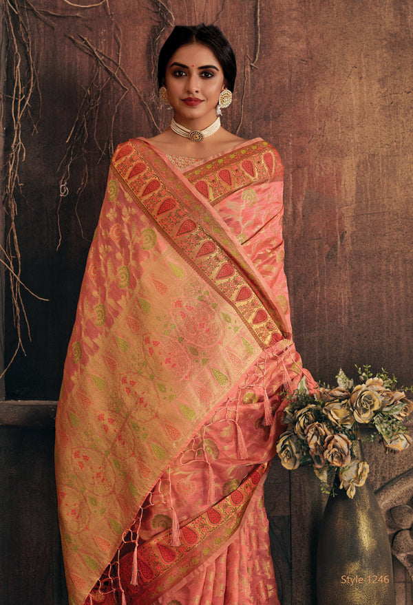 Women's Sangam Prints Peach Organza Woven Work Traditional Tassle saree - Sangam Prints