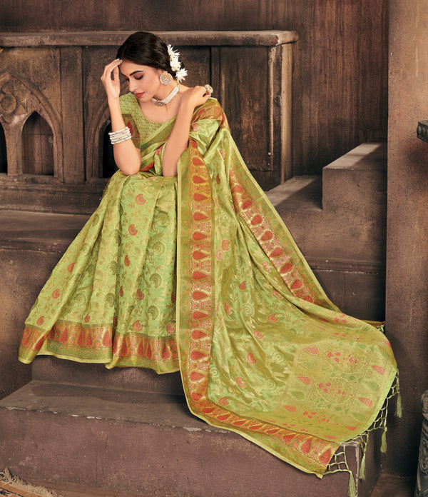 Women's Sangam Prints Light Green Organza Woven Work Traditional Tassle saree - Sangam Prints