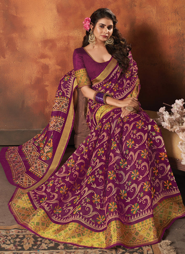 Women's Purple Cotton Printed Traditional Saree - Sangam Prints