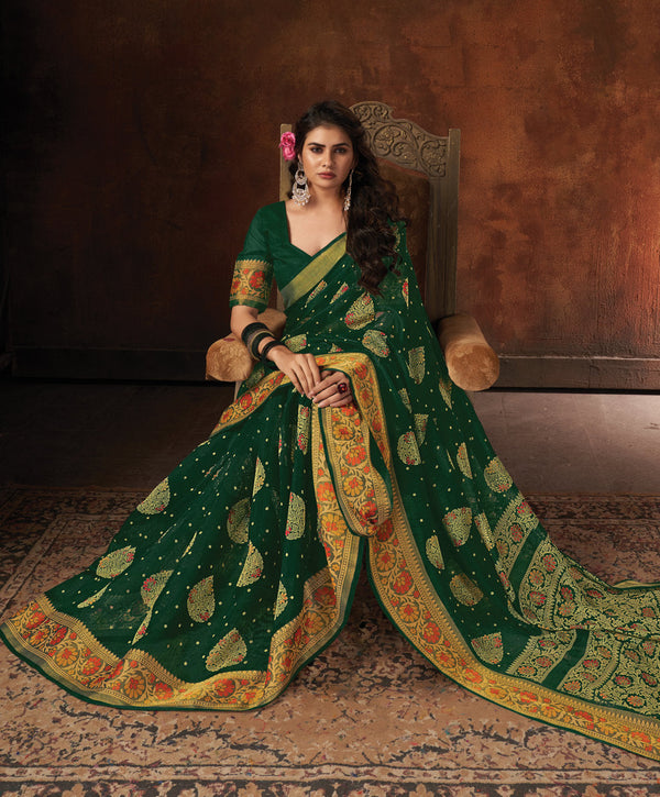 Women's Green Cotton Printed Traditional Saree - Sangam Prints