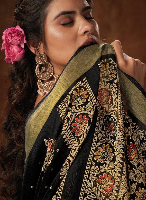 Women's Black Cotton Printed Traditional Saree - Sangam Prints