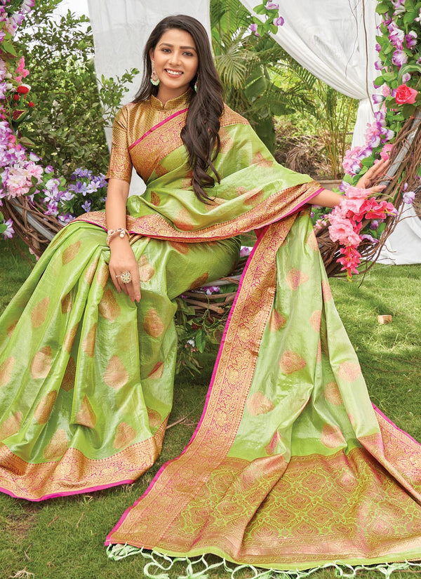 Women's Light Green Organza Woven Zari Work Traditional Tassle Saree - Sangam Prints