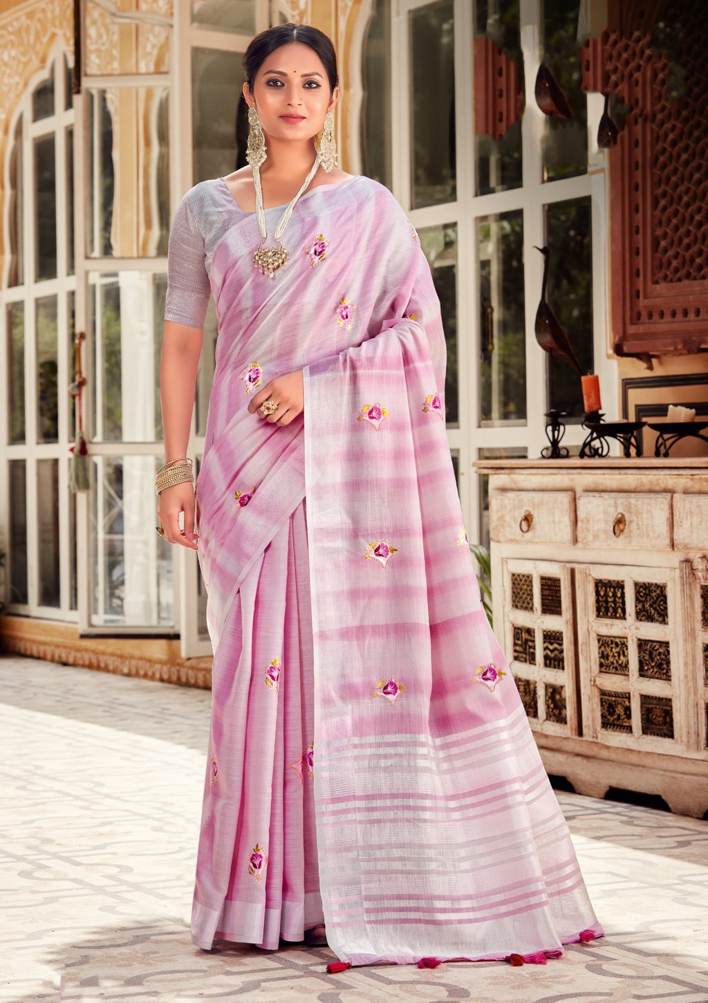 Women's Linen Woven Work Traditional Tassle Saree - Sangam Prints