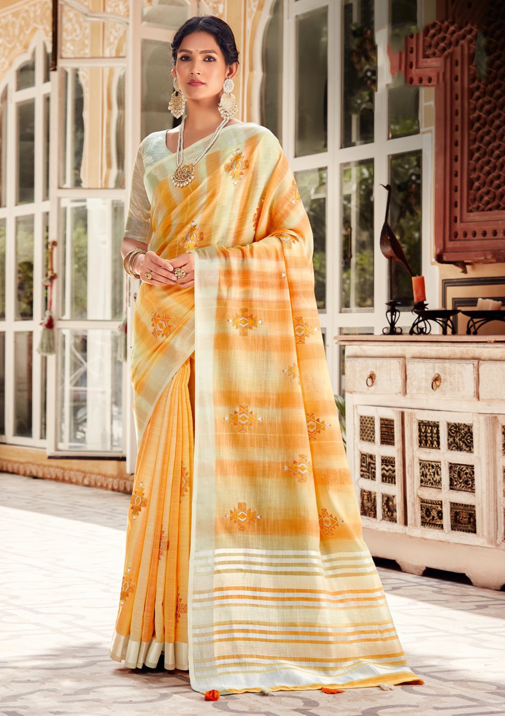 Women's Linen Woven Work Traditional Tassle Saree - Sangam Prints