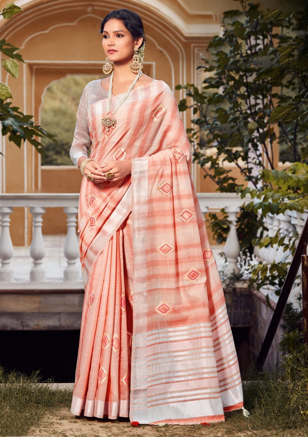 Women's Linen Woven Work Traditional Tassle Saree - Sangam Prints