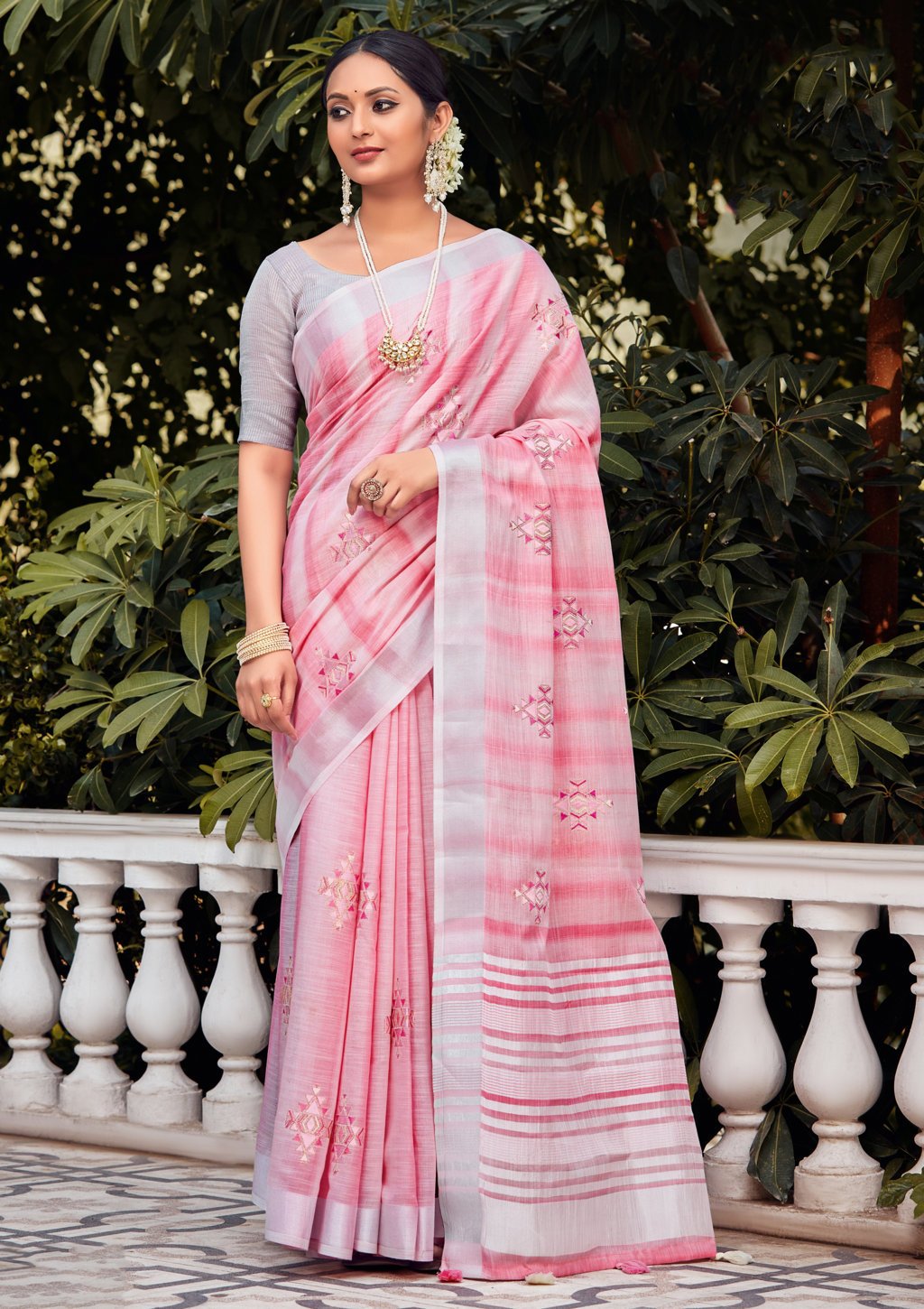 Women's Linen Woven Work Traditional Tassle Saree - Sangam Prints