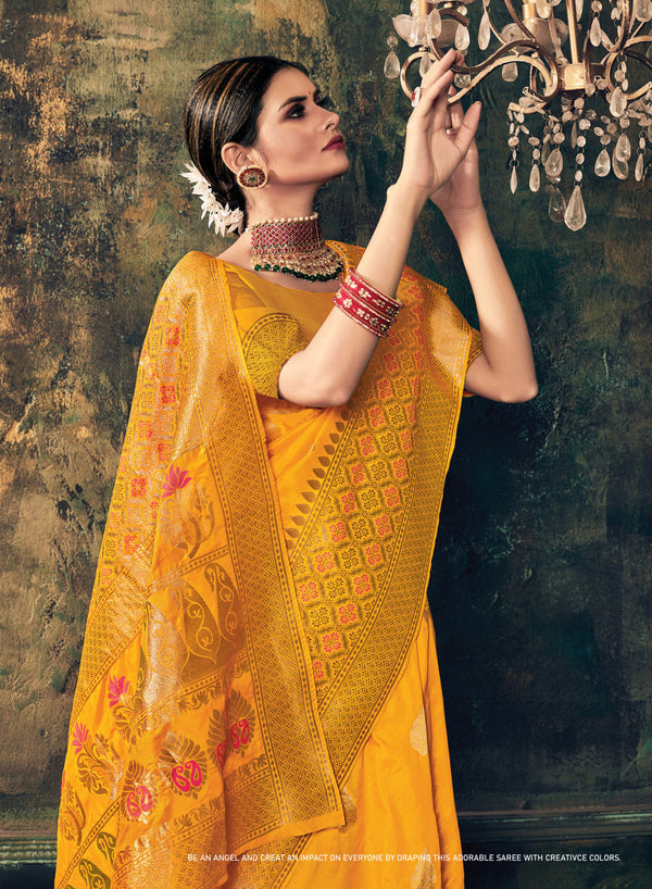 Women's Sangam Prints Yellow Jacquard Silk Jacquard Work Traditional saree - Sangam Prints