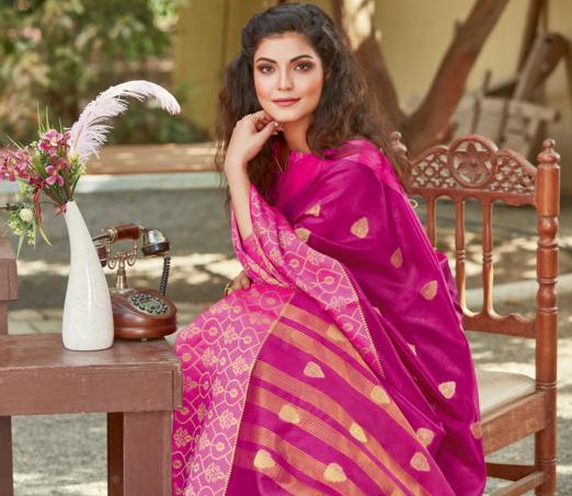 Women's Magenta Crystal Silk Woven Work Traditional Saree - Sangam Prints