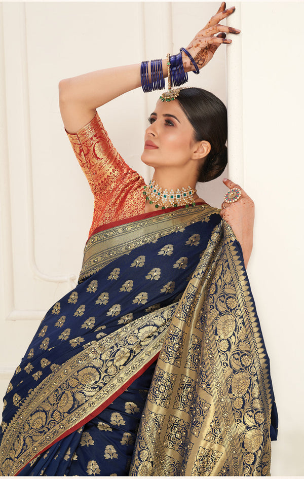 Women's Navy Blue Silk Siroski Stone Work Traditional Tassle Saree - Sangam Prints