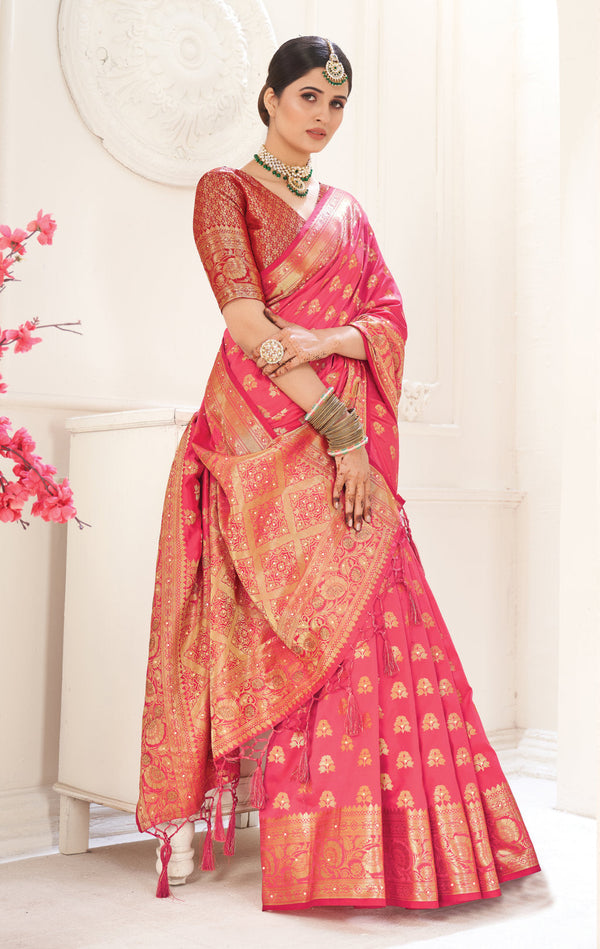 Women's Pink Silk Siroski Stone Work Traditional Tassle Saree - Sangam Prints