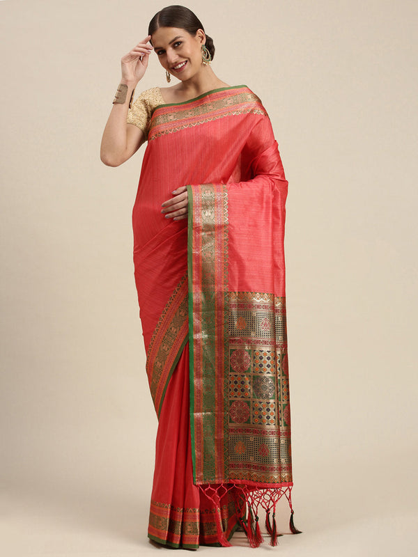 Women's Light PInk Silk Woven Work Traditional Tassle Saree - Sangam Prints