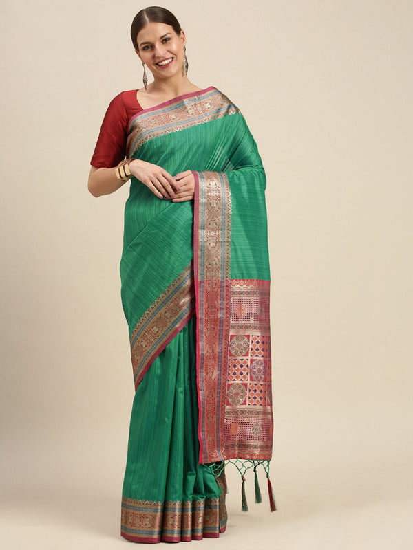 Women's Rama Green Silk Woven Work Traditional Tassle Saree - Sangam Prints