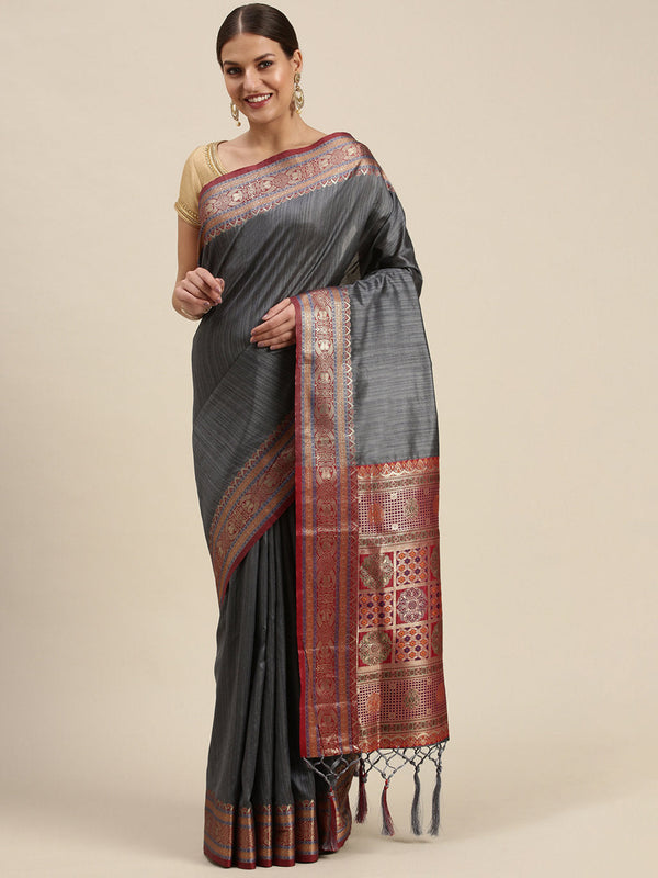 Women's Grey Silk Woven Work Traditional Tassle Saree - Sangam Prints